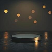 An empty podium on a dark table with lights photo