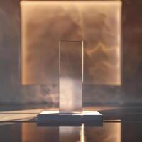 A glass block sitting on a table in front of a wall photo