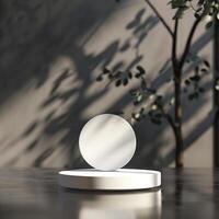 A white object on a table with a tree in the background photo