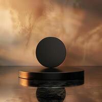 A black object on top of a table with a sunset in the background photo