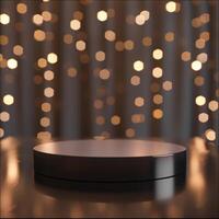 An empty round table with lights in the background photo