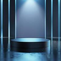 An empty podium in a dark room with a spotlight photo