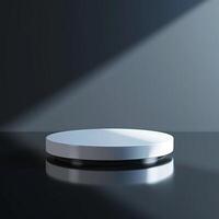 A white round object on a table in front of a dark background photo