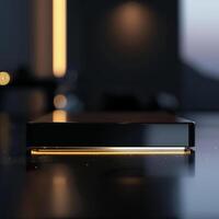 A black box sitting on a table with a light shining on it photo