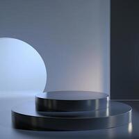 3d render of a podium in a room with a circular light photo