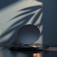 A black circular object on a table with a shadow photo