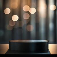An empty black pedestal on a table in front of a blurred background photo