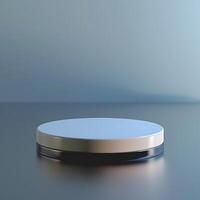 A white round object on a table with a blue background photo