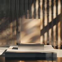 A square glass on a pedestal in front of a wall photo
