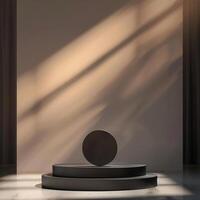 A black round object on a pedestal in front of a wall photo