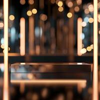 A black box with lights on it in front of a stage photo