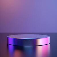 A round metal object on a table with a purple and blue light photo