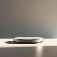 A white table with a small round object on it photo