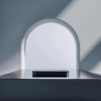 An apple iphone sitting on a table in front of a window photo