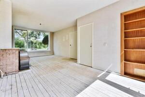 An empty room with a fireplace and bookshelves photo