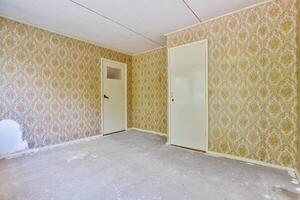An empty room with wallpaper and a door photo