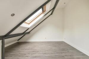 An empty attic with a skylight and wood floor photo