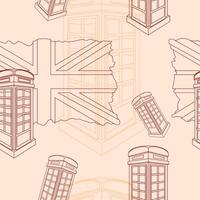 Editable Three-Quarter View English Telephone Booth Vectorized Illustration with Union Jack Flag in Outline Style as Seamless Pattern for England Culture Tradition and History Related Background vector