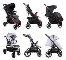 Baby stroller isolated on white. Modern pram in different positions showing versatility and functionality photo