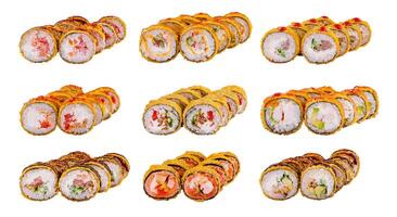 Delicious tempura sushi rolls with variety of fillings, isolated on white background photo