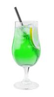 Green cocktail standing on a bar with a straw and a lemon slice photo