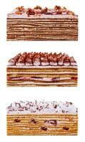 Three different cake slices showing filling and frosting on white background photo