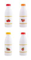 Four white bottles with blank label displaying different fruits photo