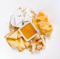 Different types of cheese arranged on plate with honey serving idea photo