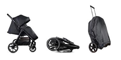 Black baby stroller isolated on white background in different positions photo