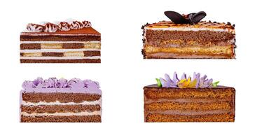 Four slices of cake with different toppings and layers are standing in line photo
