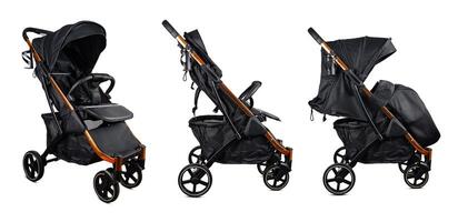 Modern black and copper baby stroller folding on white background photo