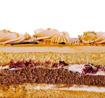 Delicious cake showing multiple layers and toppings photo