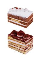 Two delicious slices of cake layered with cream filling on white background photo