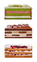 Three delicious slices of layered cake with various toppings photo