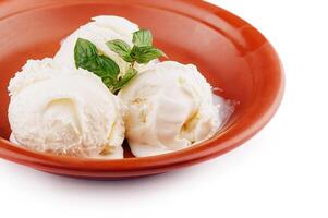 Three scoops of vanilla ice cream melting in rustic bowl with mint garnish photo