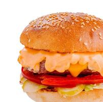 Delicious burger with melted cheese dripping over toppings on white background photo