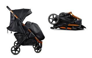 Modern baby stroller standing and folded showing different angles photo