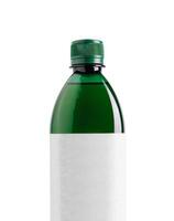 Green bottle with blank label displaying on white background photo
