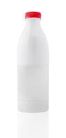 White plastic bottle with red cap standing on white background photo