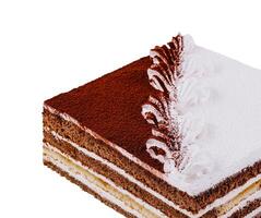 Delicious tiramisu cake with layers of biscuit soaked in coffee and cream decorated with cocoa powder photo