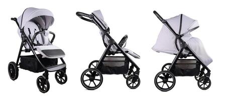Modern baby stroller isolated showing different viewpoints photo