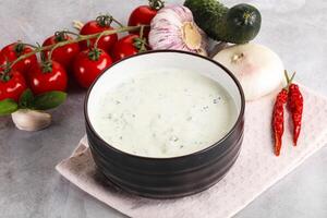 Traditional delicious appetizer greek tzatziki Turkish name cacik photo