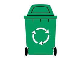 Hand drawn cute cartoon illustration of green garbage can with wheel. Flat recycling trash bin, environmental pollution design in doodle style. Ecology sticker, icon. Waste sorting. Isolated. vector