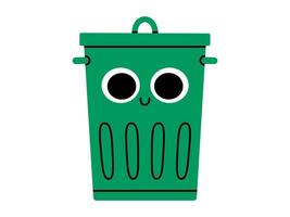 Hand drawn cute cartoon illustration character garbage can with lid. Flat trash bin, environmental pollution mascot with smiling face doodle. Ecology sticker, icon. Rubbish disposal. Isolated. vector