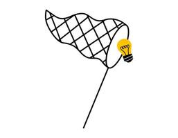 Hand drawn cute cartoon illustration light bulb caught in outline butterfly net. Flat searching for idea sticker doodle. Find opportunity icon. Imagination or inspiration brainstorm. Isolated. vector
