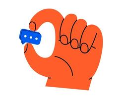 Hand drawn cute cartoon illustration hand with speech bubble with three dots. Flat comment message in arm doodle. Online relationships. Social media addiction icon. Chat notification. Isolated. vector