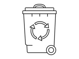 Hand drawn cute outline illustration of big garbage can with wheel. Flat trash bin, environmental pollution design in line art doodle style. Ecology sticker, icon. Rubbish disposal. Isolated. vector