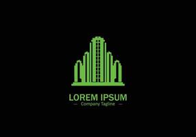Minimal abstract logo of green building icon design against black background vector