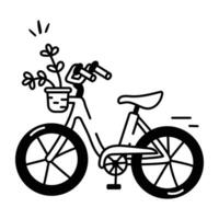 Hand drawn icon of retro cycle with flower bucket vector