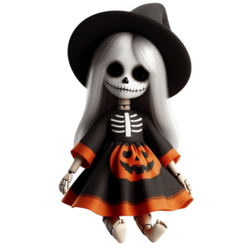 uma dia das Bruxas susto boneca com uma Preto chapéu e uma dia das Bruxas fantasia. png